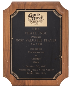 1992 NBA Challenge MVP Plaque for Minnesota Timberwolves vs Orlando Magic Game Played on 10/30/92